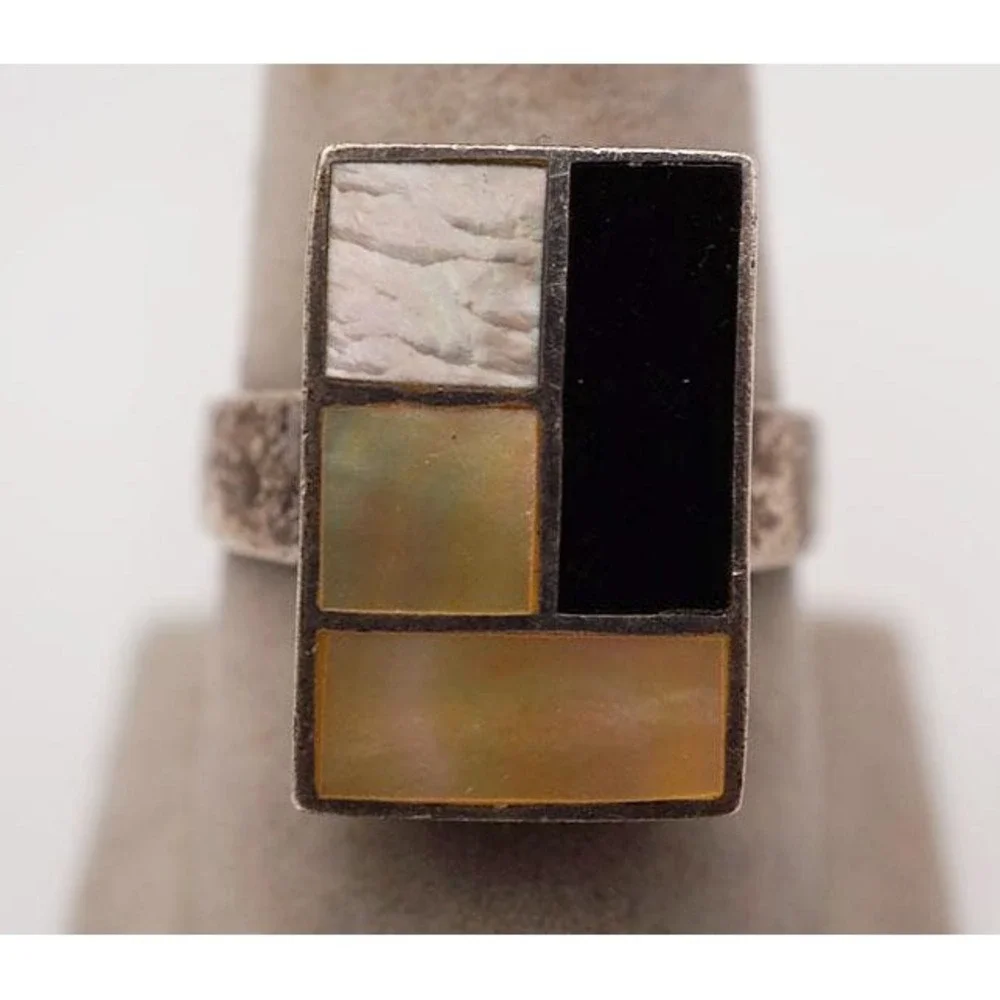 Marsala .925 Sterling Silver Mother of Pearl Geometric Statement Ring Size 8.75